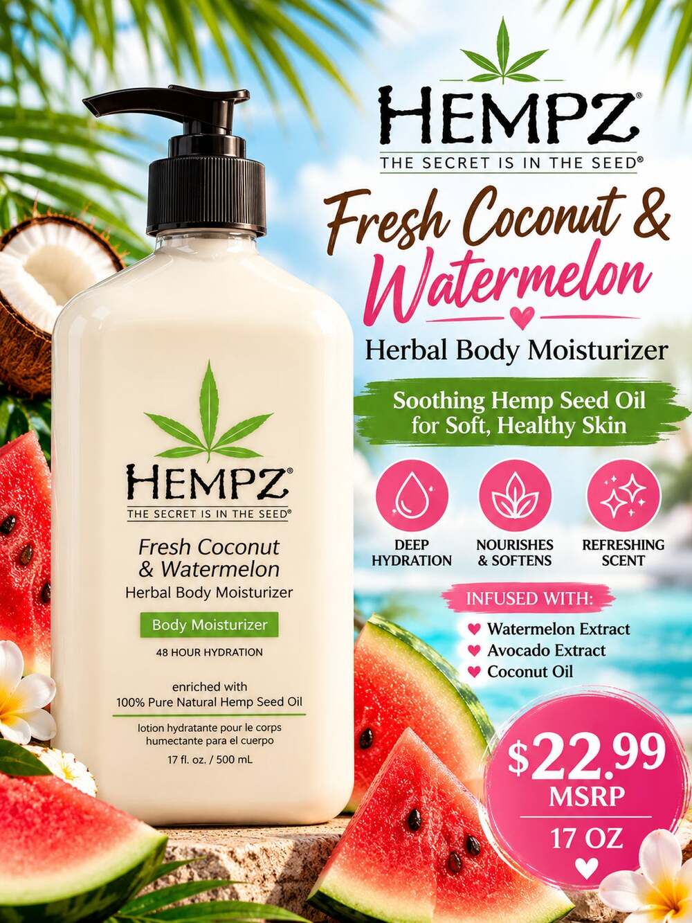 Hempz Fresh Coconut & Watermelon Herbal Body Moisturizer NEW